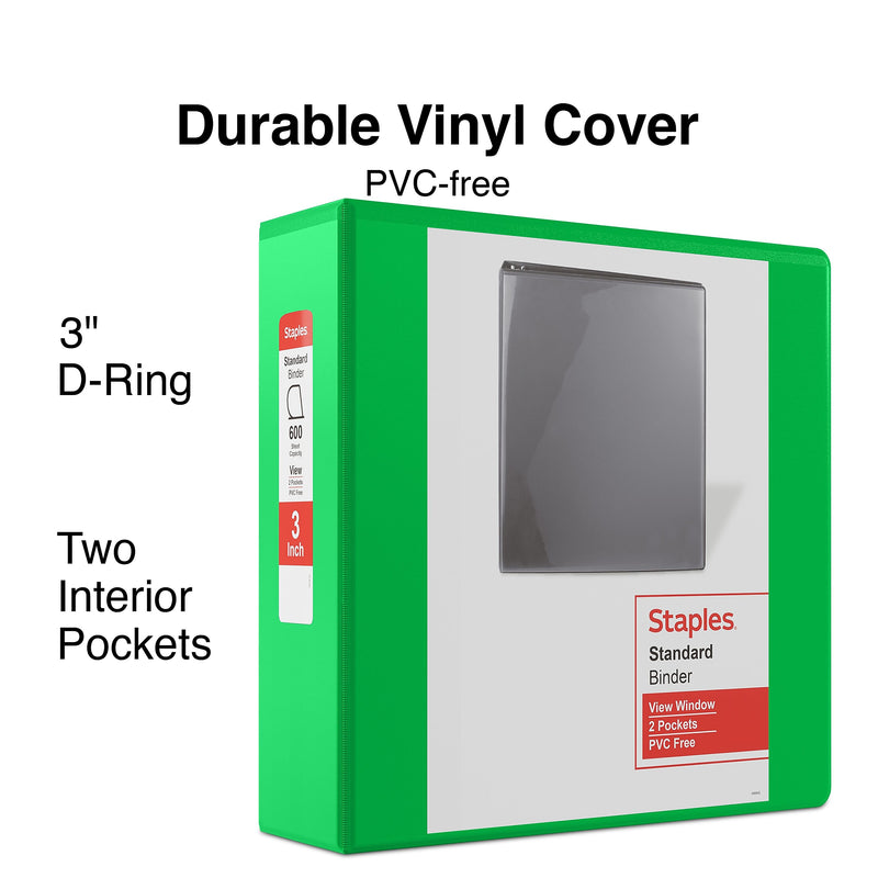 Staples 3" 3-Ring View Binder, D-Ring, Green (55428/26354)