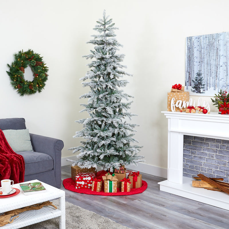 Nearly Natural 7.5-ft Slim Flocked Nova Scotia Spruce Artificial Christmas Tree with 450 Warm White LED Lights (T1856)