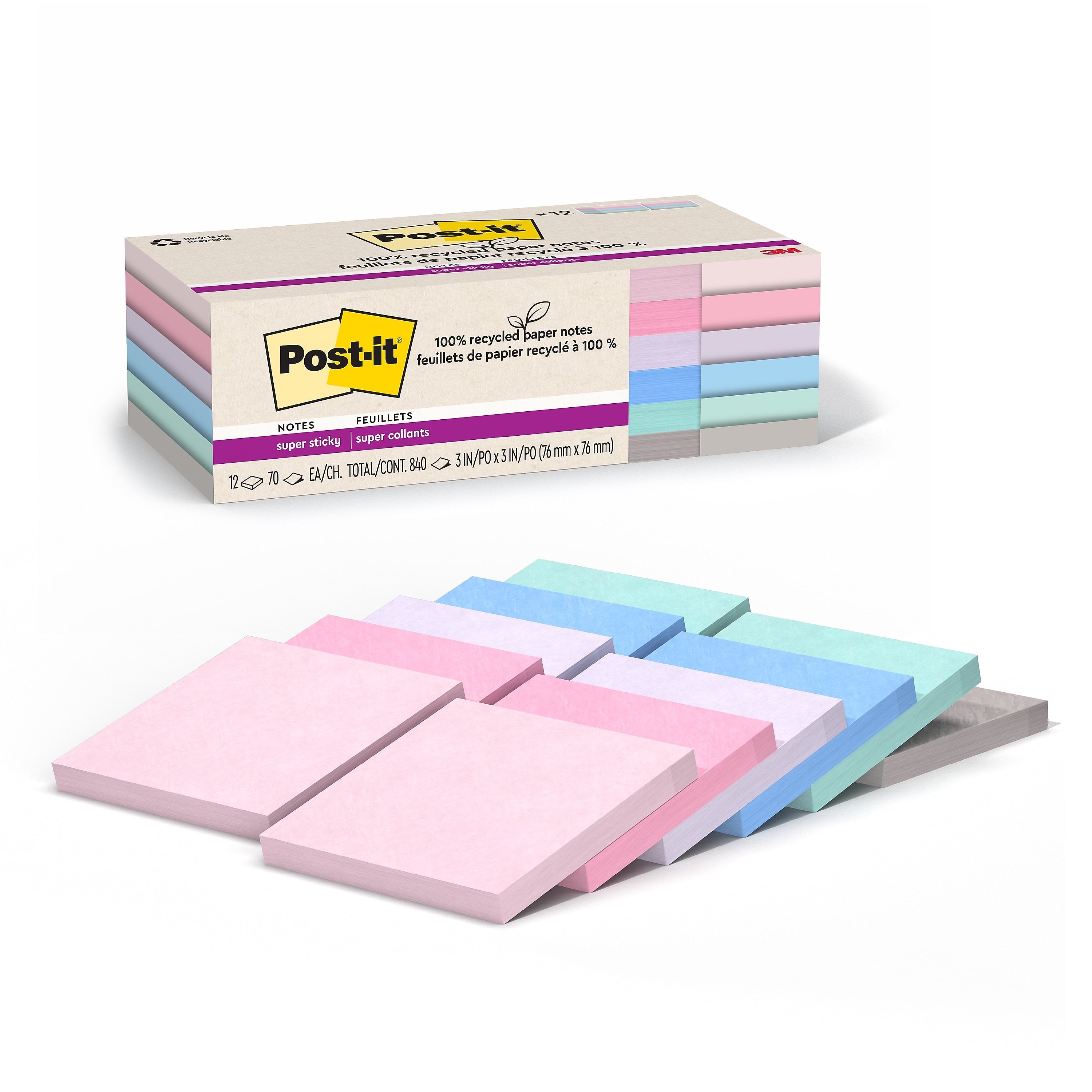 Post-it Recycled Super Sticky Notes, 3" x 3", Wanderlust Pastels Collection, 70 Sheets/Pad, 12 Pads/Pack (654R-12SSNRP)