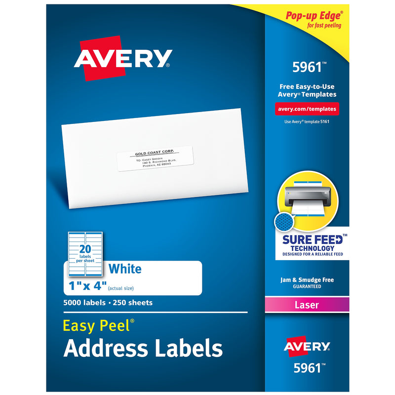 Avery Easy Peel Laser Address Labels, 1" x 4", White, 5,000 Labels/Box (5961)