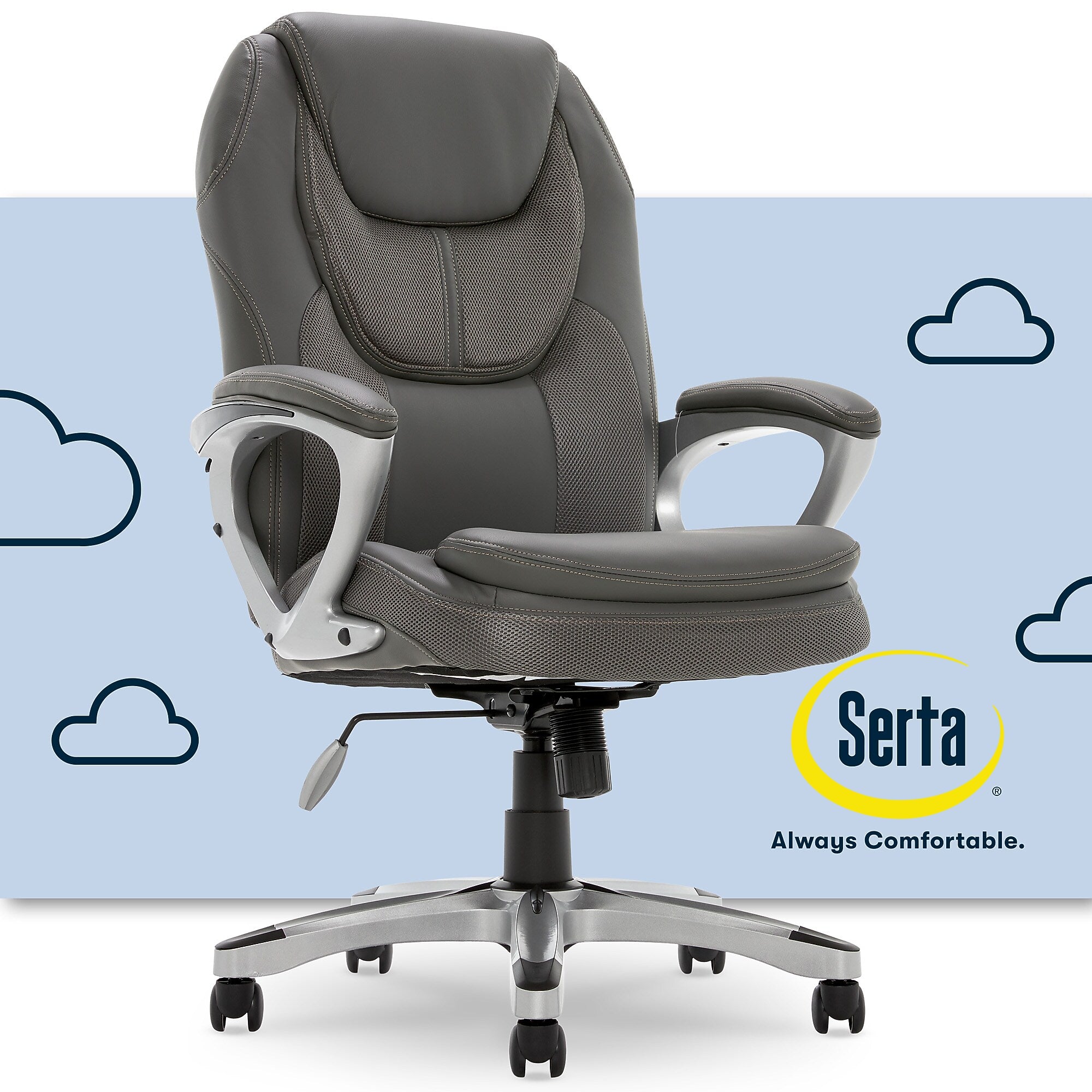 Serta Amplify Ergonomic Faux Leather Swivel Executive Chair, Light Gray (43673C)