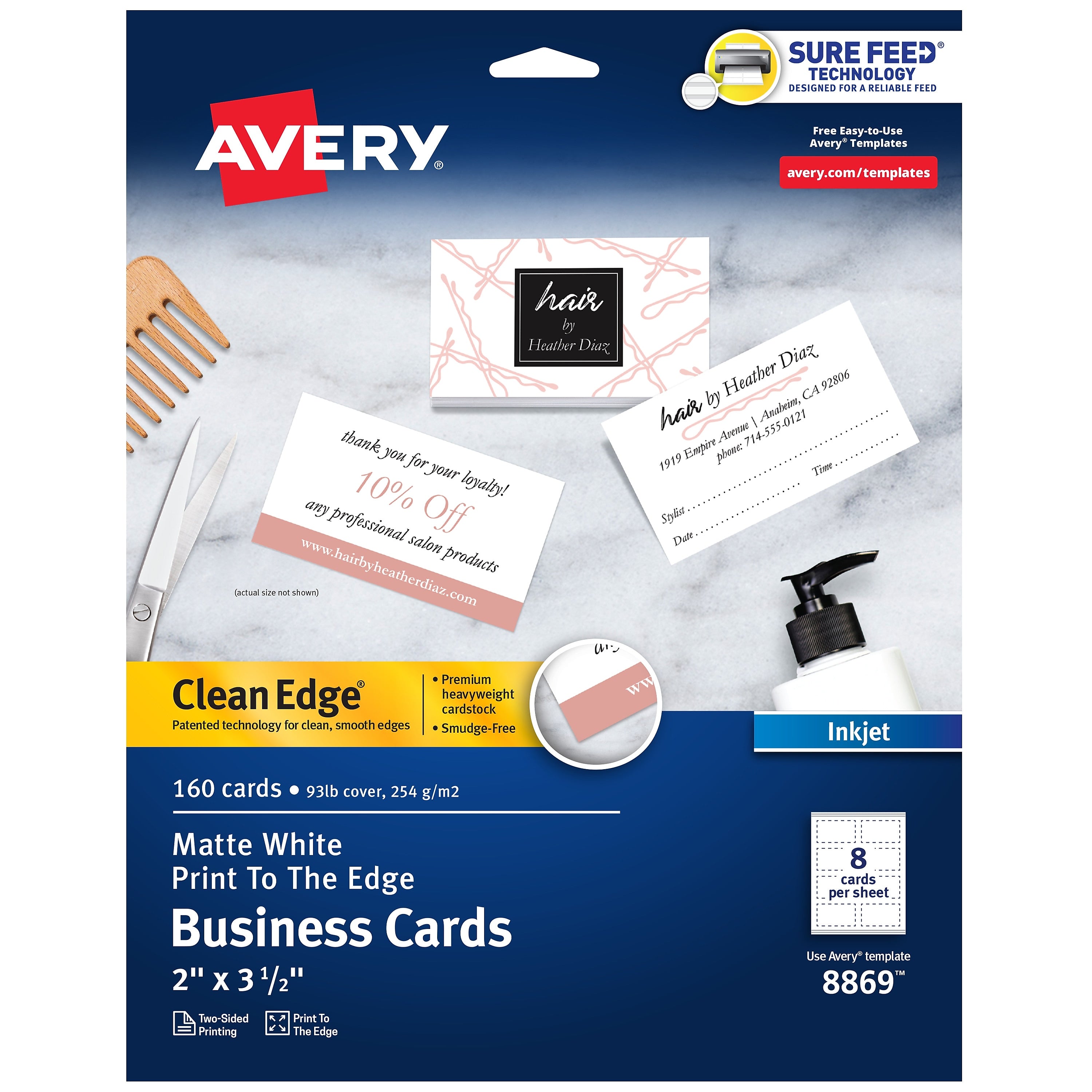 Avery Clean Edge Business Cards, 3.5" x 2", Matte White, 160/Pack (8869)