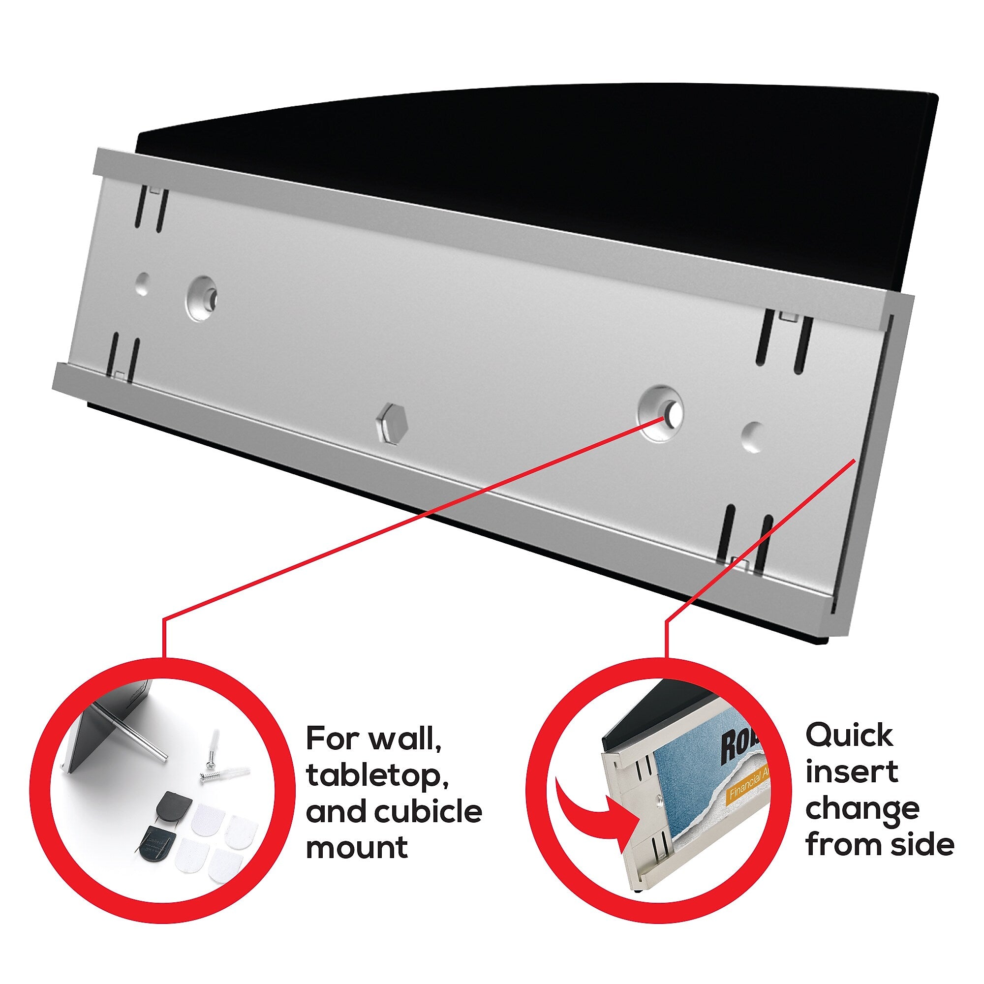 Deflect-O Superior Image Horizontal Nameplate Holder, Desktop/Wall, Silver/Black Plastic (89105)