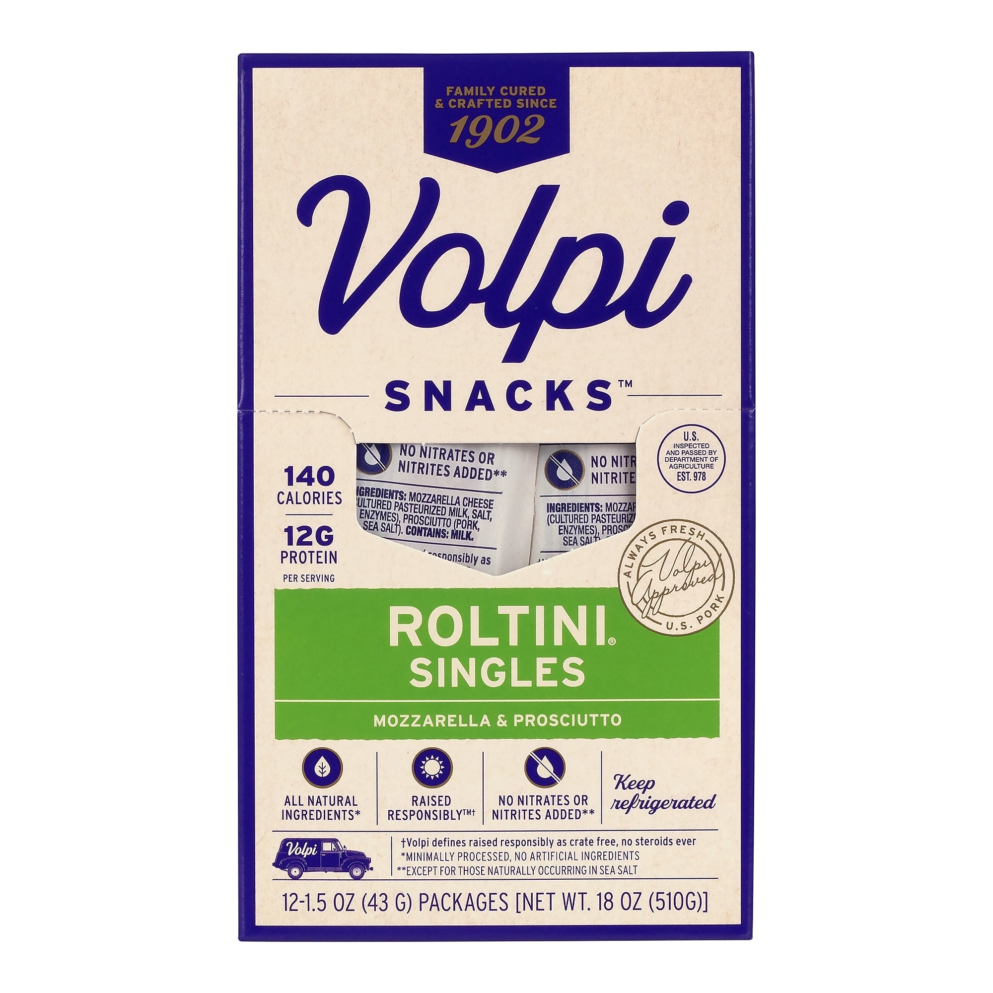 Volpi Roltini Singles, Prosciutto & Mozzarella, 1.5 oz, 24/Pack (220-02484)