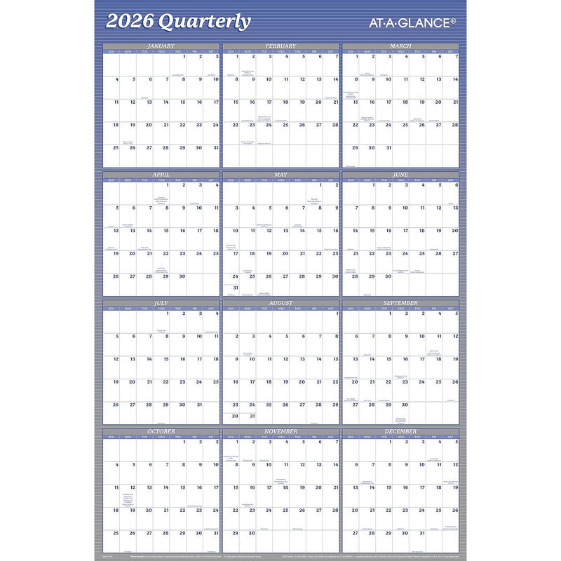 2026 AT-A-GLANCE 36" x 24" Yearly Dry-Erase Wall Calendar, Reversible, White/Blue (A1102-26)