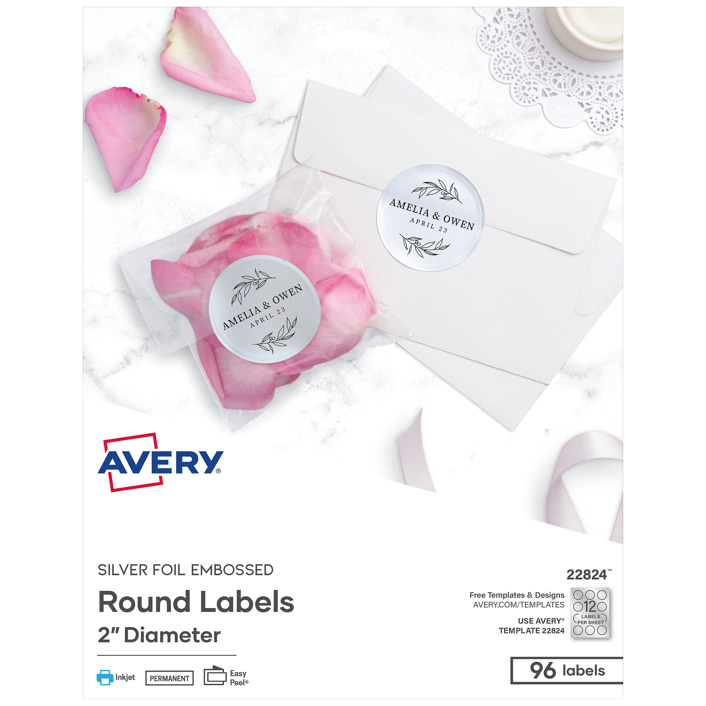 Avery Easy Peel Inkjet Embossed Foil Round Labels, 2" Dia, Silver, 96 Labels/Pack (22824)