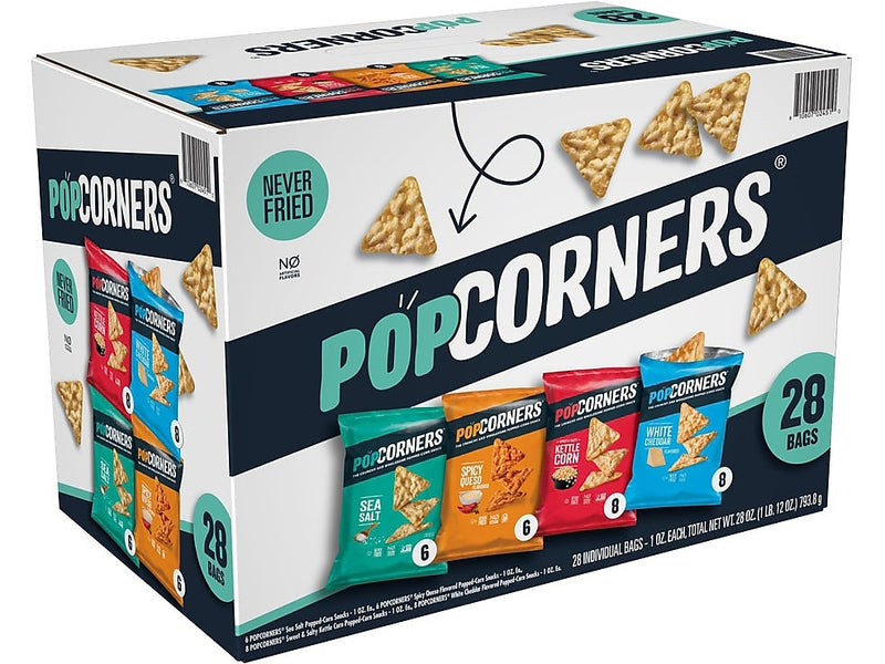 Popcorners Gluten-Free 4-Flavor Popped Corn Chips Snacks Variety Pack, 28 Bags/Box (02486)