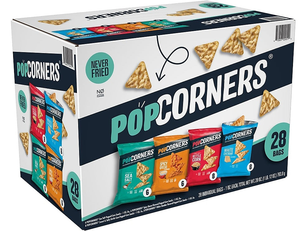 Popcorners Gluten-Free 4-Flavor Popped Corn Chips Snacks Variety Pack, 28 Bags/Box (02486)