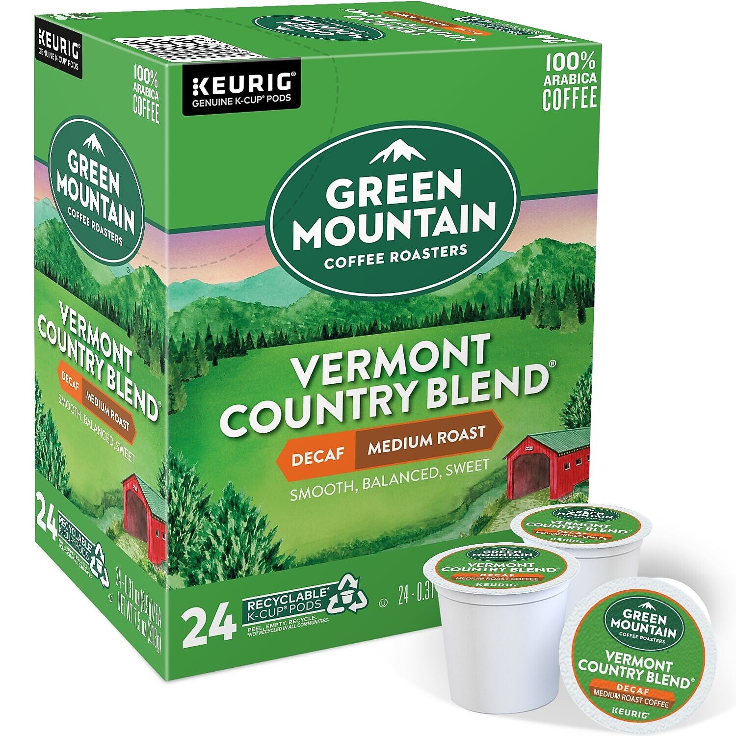 Green Mountain Vermont Country Blend Decaf Coffee Keurig® K-Cup® Pods, Medium Roast, 24/Box (7602)
