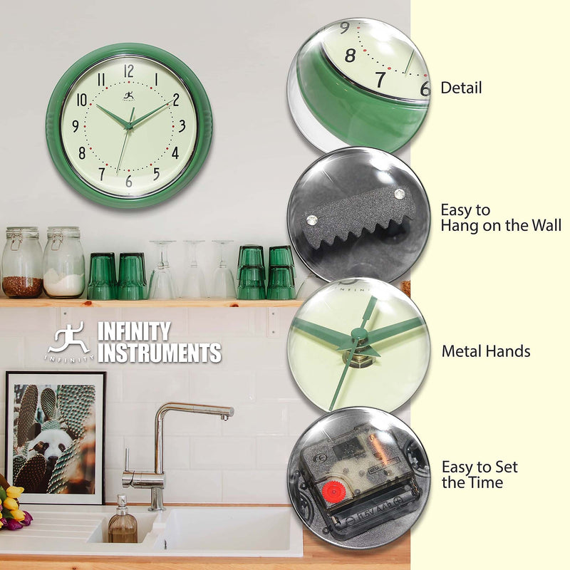 Infinity Instruments Round Retro Green Wall Clock, Aluminum, 12" (10940GR-12)