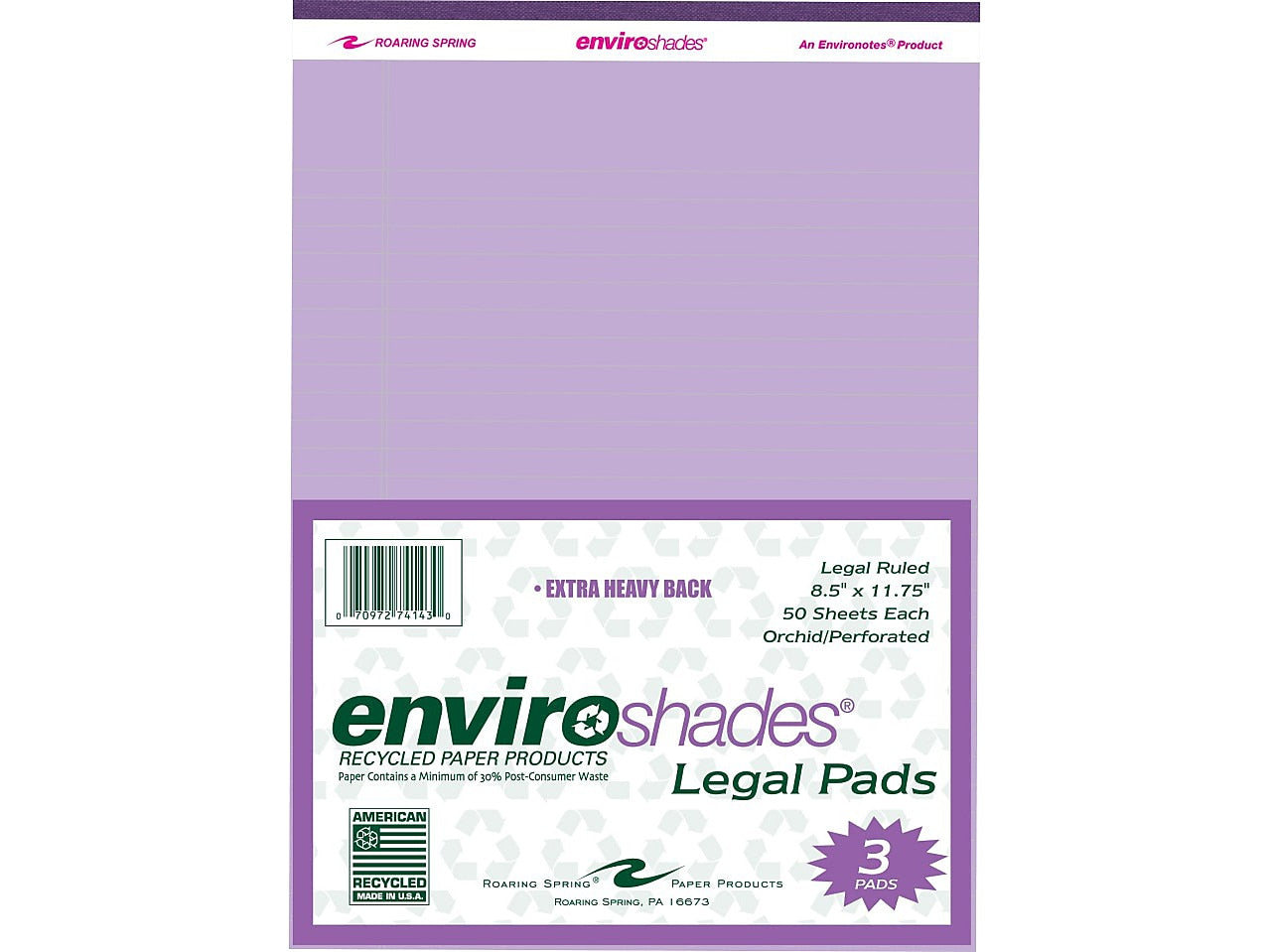 Roaring Spring Paper Products Legal Pads, Recycled Orchid Paper, 8.5" x 11.75", 50 Sheets/Pad, 3 Pads/Pack (74143)