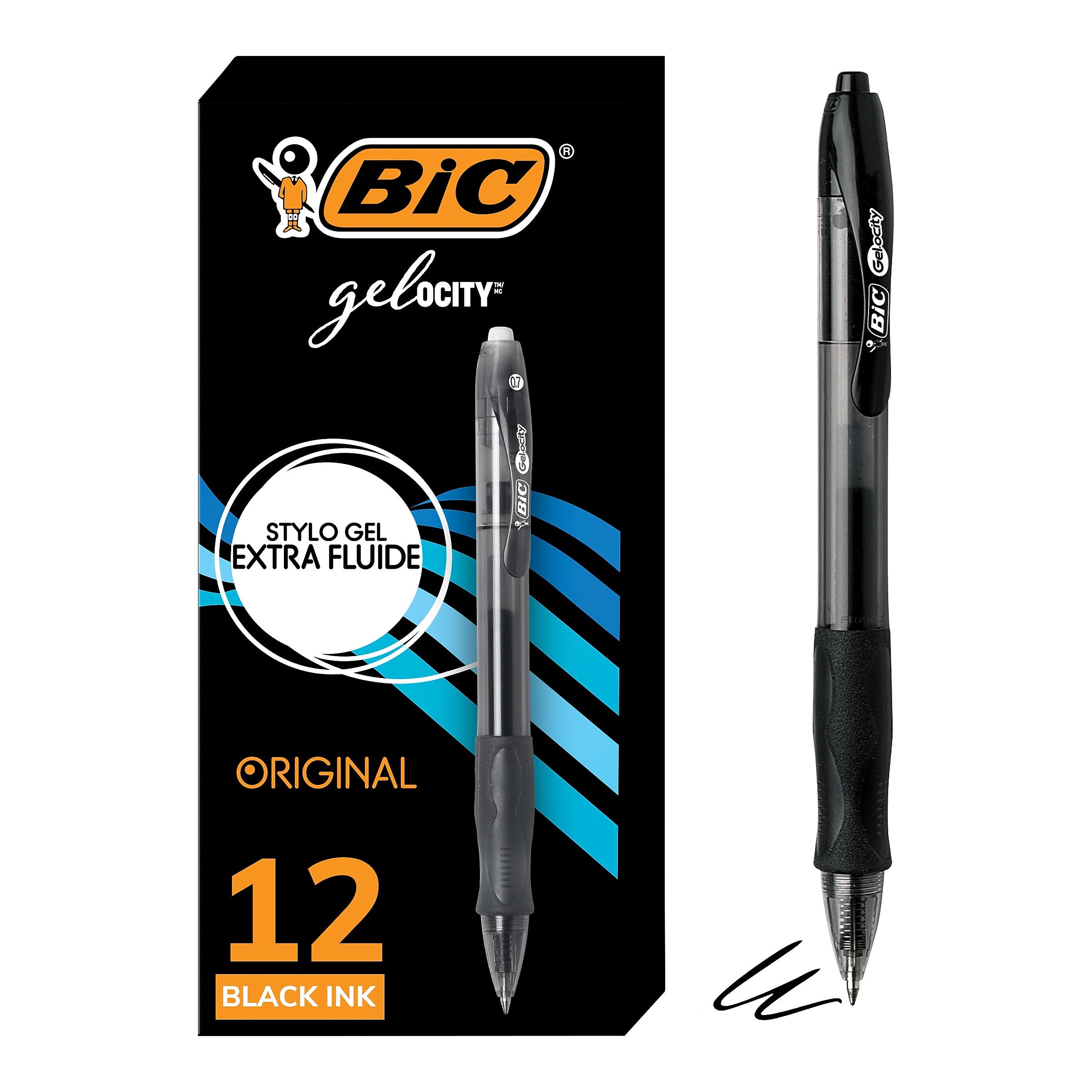 BIC Gel-ocity Original Retractable Gel Pens, Medium Point, 0.7mm, Black Ink, Dozen (31563)