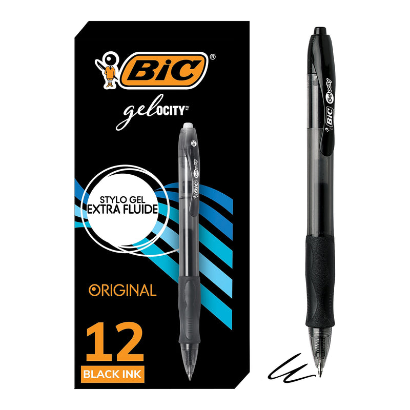 BIC Gel-ocity Original Retractable Gel Pens, Medium Point, 0.7mm, Black Ink, Dozen (31563)