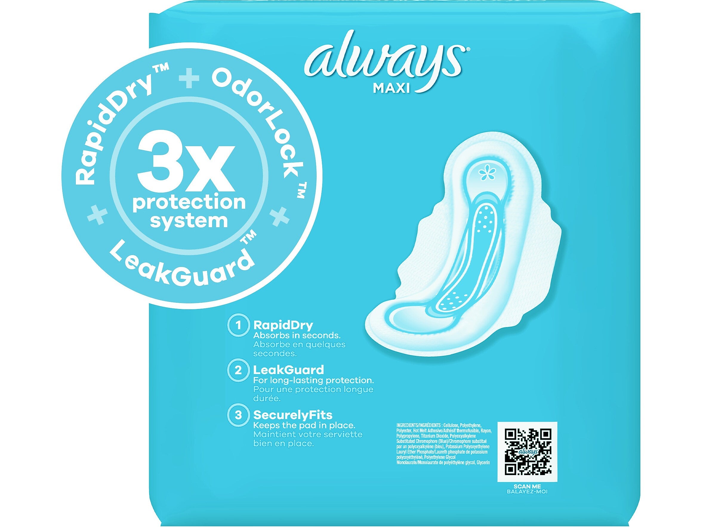 Always Maxi Long Super Daytime Pad with Wings, Unscented, 18/Pack, 8 Packs/Carton (03368)