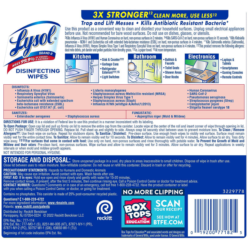 Lysol Disinfecting Wipes, Lemon & Lime Blossom, 80 Wipes/Canister, 6 Canisters/Carton (1920077182CT)