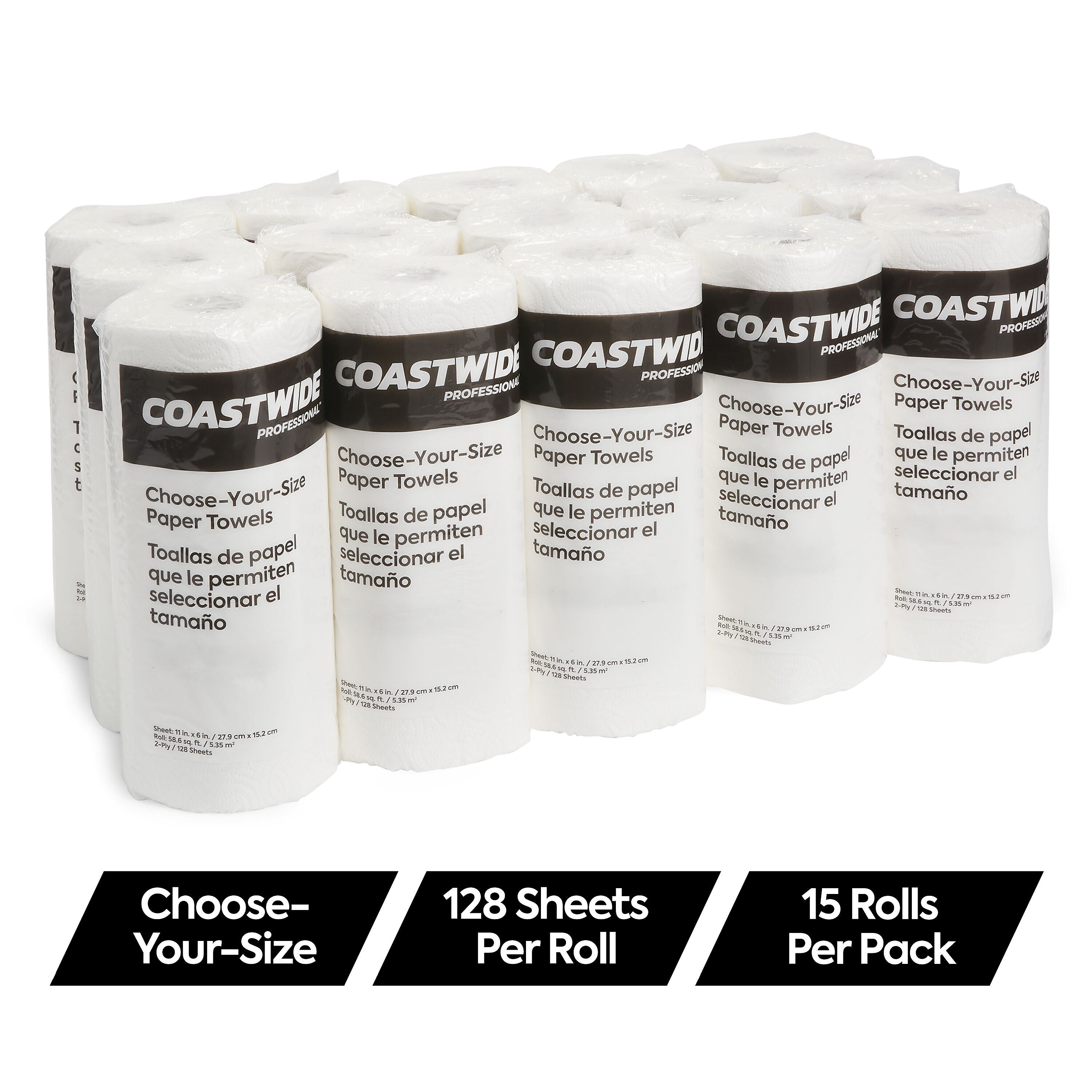 Coastwide Professional Choose-Your-Size Paper Towels, 2-Ply, White, 128 Sheets/Roll, 15 Rolls/Carton (CW21809)