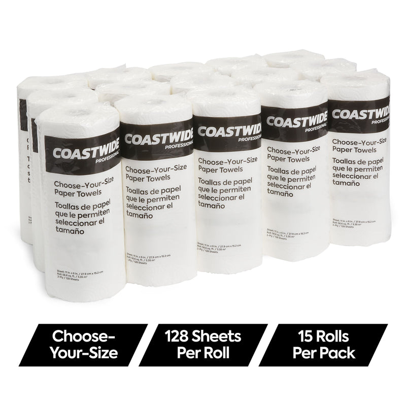 Coastwide Professional Choose-Your-Size Paper Towels, 2-Ply, White, 128 Sheets/Roll, 15 Rolls/Carton (CW21809)