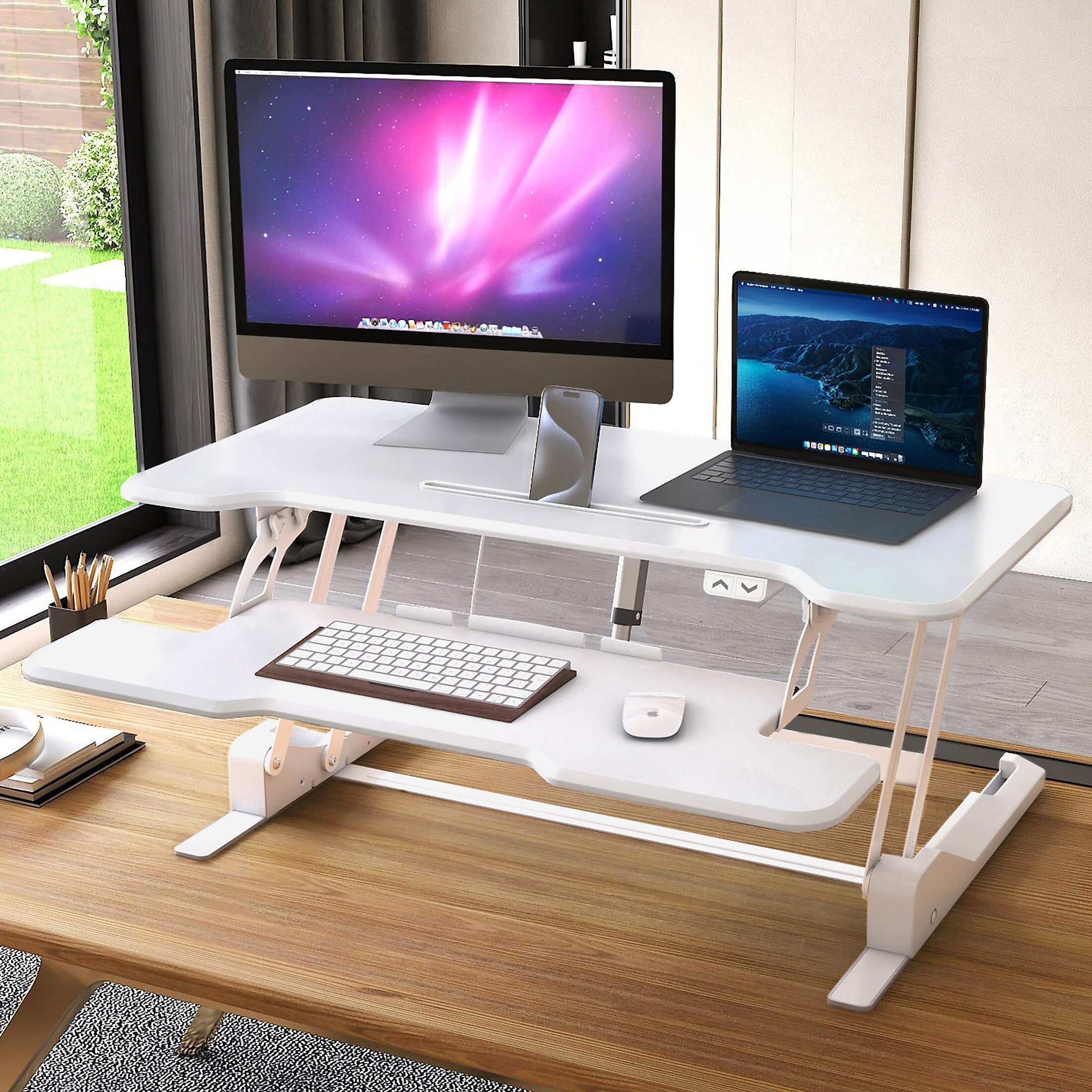 Mount-It! 38"W Electric Rectangular Adjustable Standing Desk Converter, White (MI-8012)