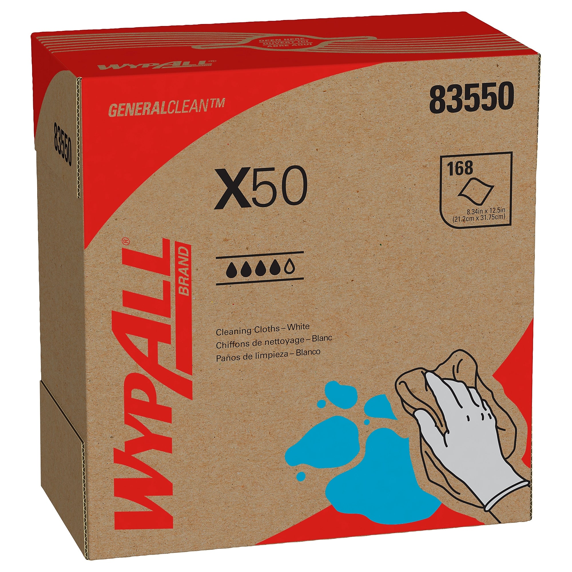 WypAll GeneralClean X50 Cloth Cleaning Wipers, 12.5" x 9.1", White, 168 Wipers/Box, 10/Carton (83550)