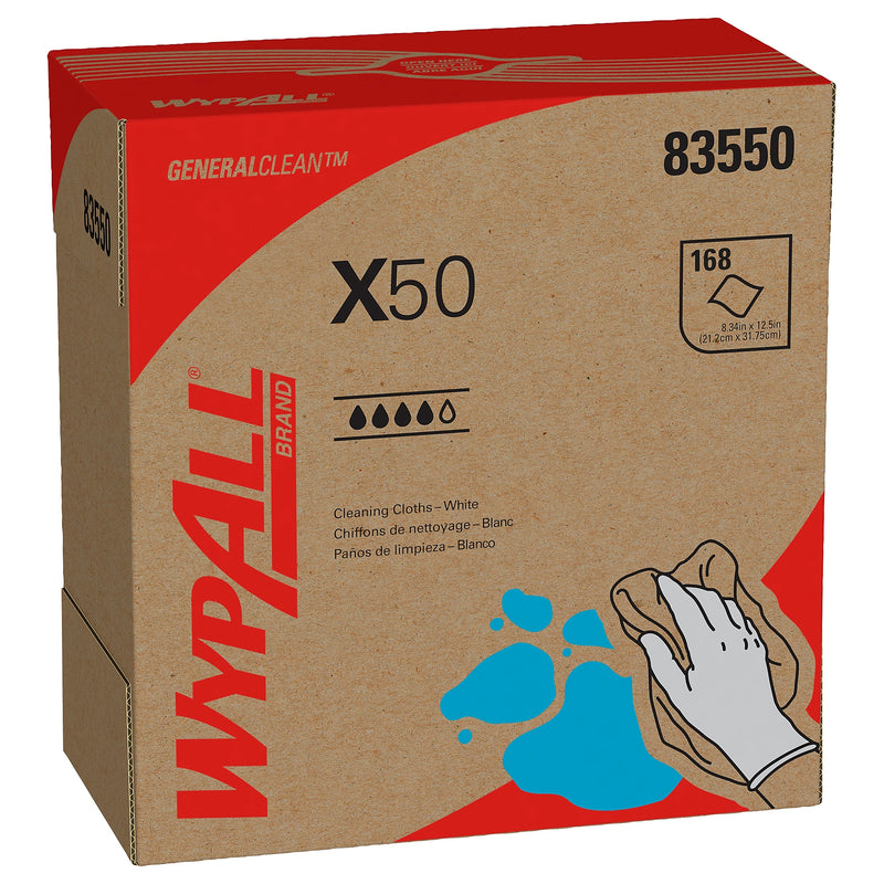 WypAll GeneralClean X50 Cloth Cleaning Wipers, 12.5" x 9.1", White, 168 Wipers/Box, 10/Carton (83550)