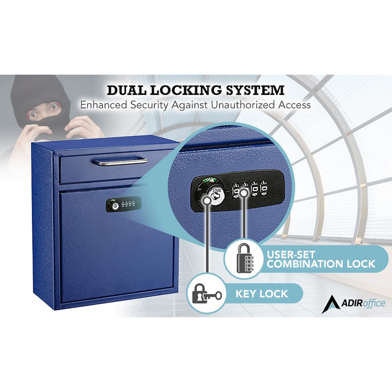 AdirOffice Steel Combination Locking Wall Mounted Interoffice Drop Box Mailbox, Medium, Blue (631-05-BLU-KCPK)