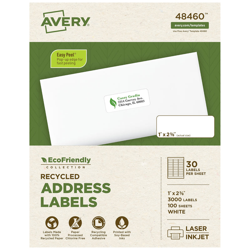 Avery EcoFriendly Laser/Inkjet Address Labels, 1" x 2-5/8", White, 3000 Labels/Box (48460)