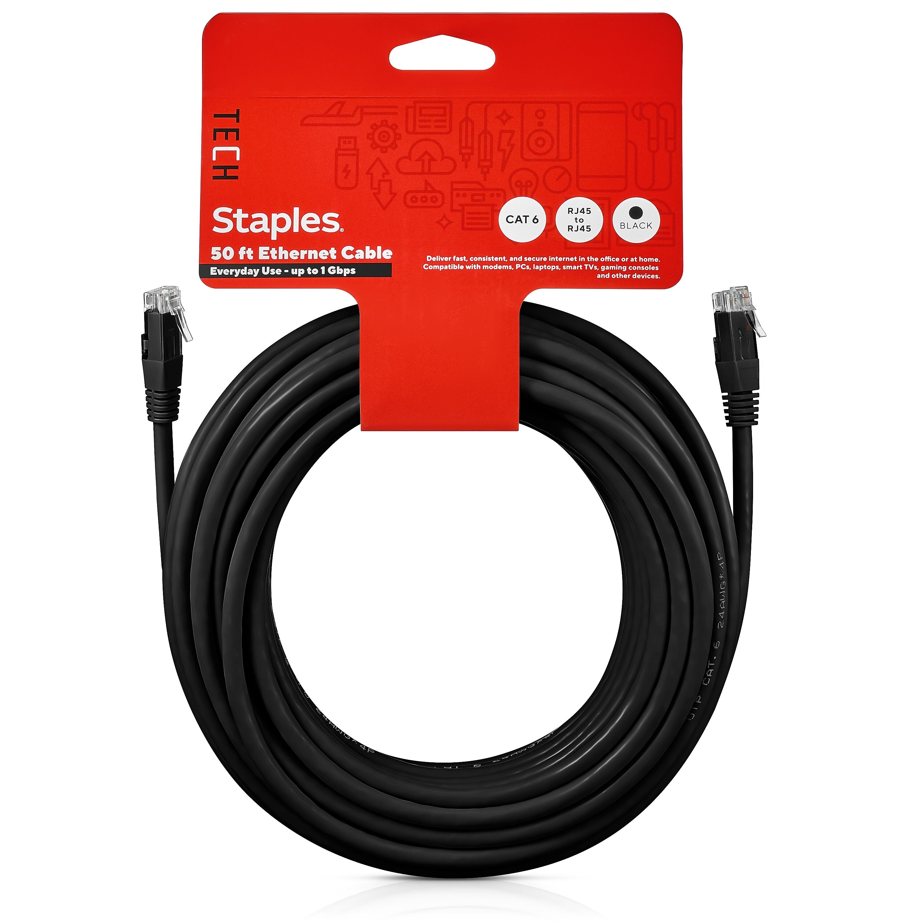 Staples TECH 50' Cat-6 Ethernet Cable, Male to Male, Black (ST62448)
