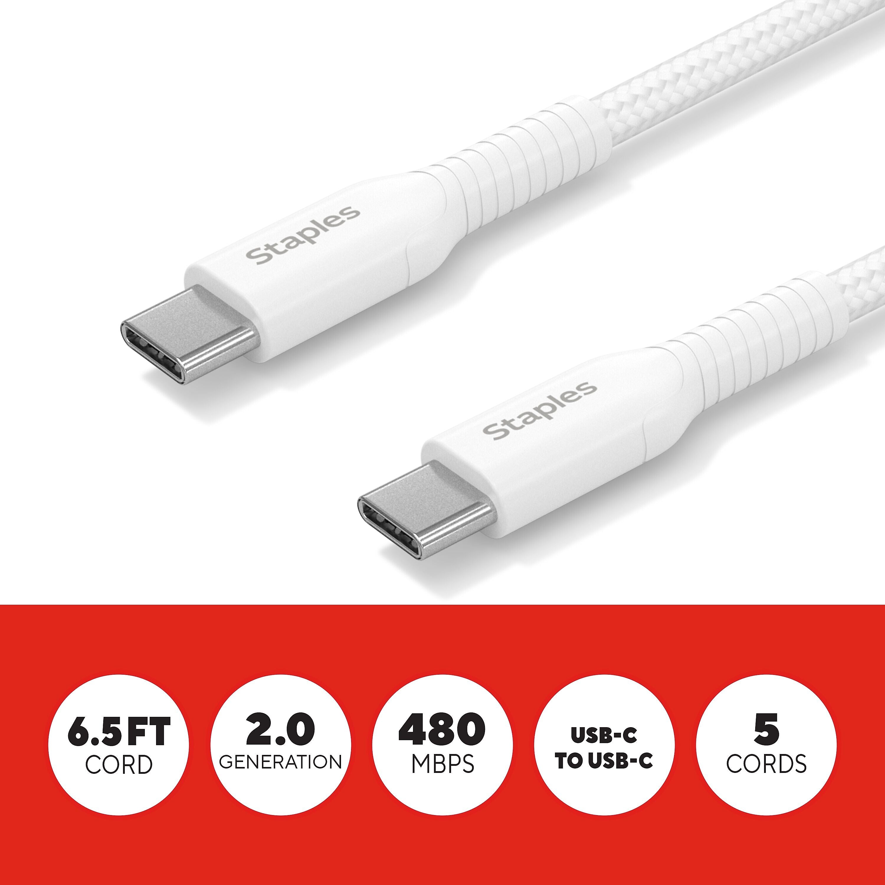 Staples TECH USB-C to USB-C Charging Cable, 6.5 ft., White, 5/Pack (ST62315)