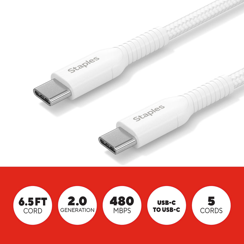 Staples TECH USB-C to USB-C Charging Cable, 6.5 ft., White, 5/Pack (ST62315)