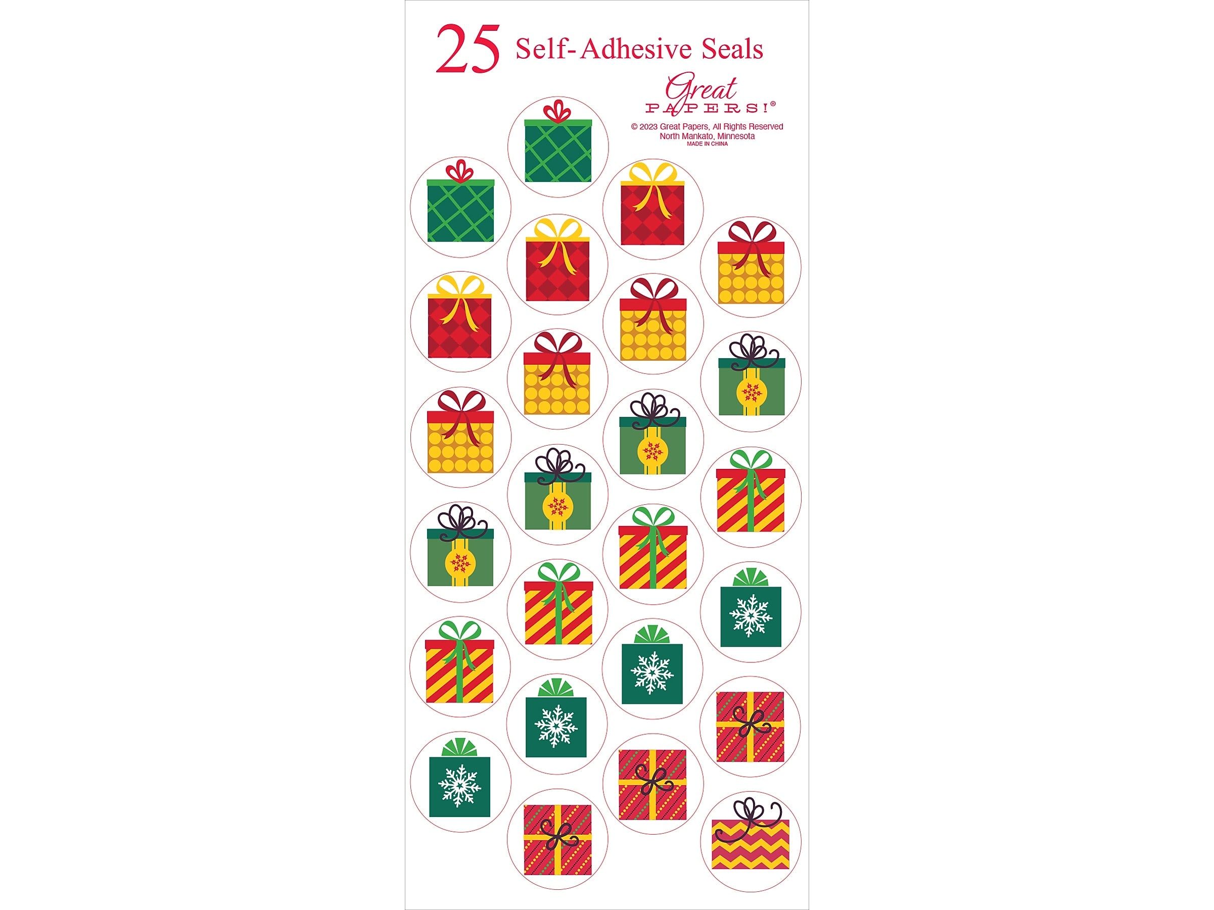 Great Papers Presents Holiday Seals, Assorted Colors, 25/Pack (2023056)