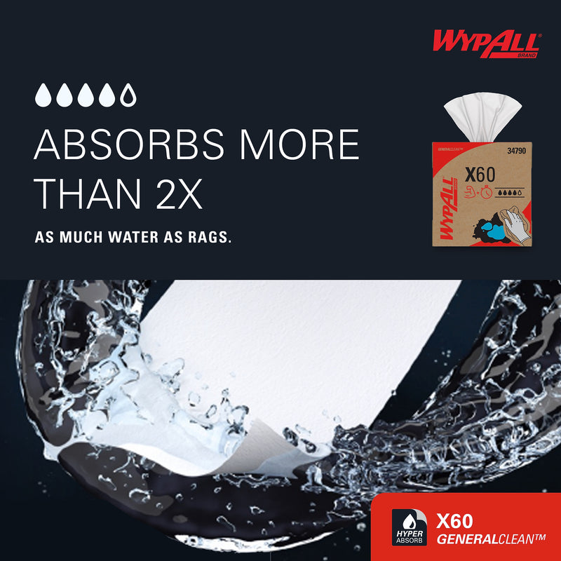 WypAll GeneralClean X60 Fabric Cleaning Wipers, 16.8" x 9.1", White, 118 Wipers/Box, 10/Carton (34790)