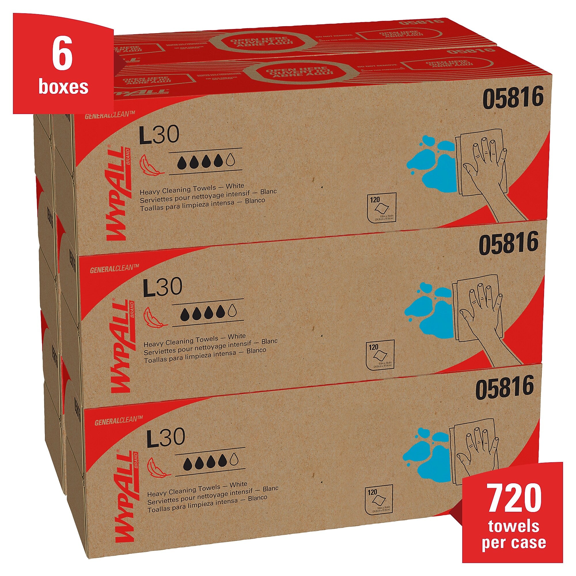 WypAll GeneralClean L30 Cellulose Cleaning Wipers, 16.4" x 9.8", White, 120 Wipers/Box, 6/Carton (05816)