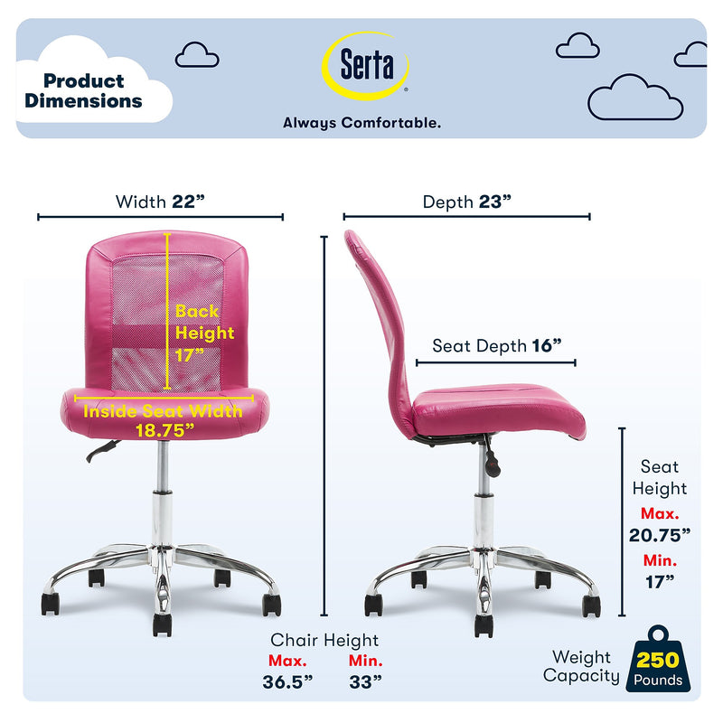 Serta Essentials Armless Ergonomic Bonded Leather/Mesh Swivel Task Chair, Pink (48740E)