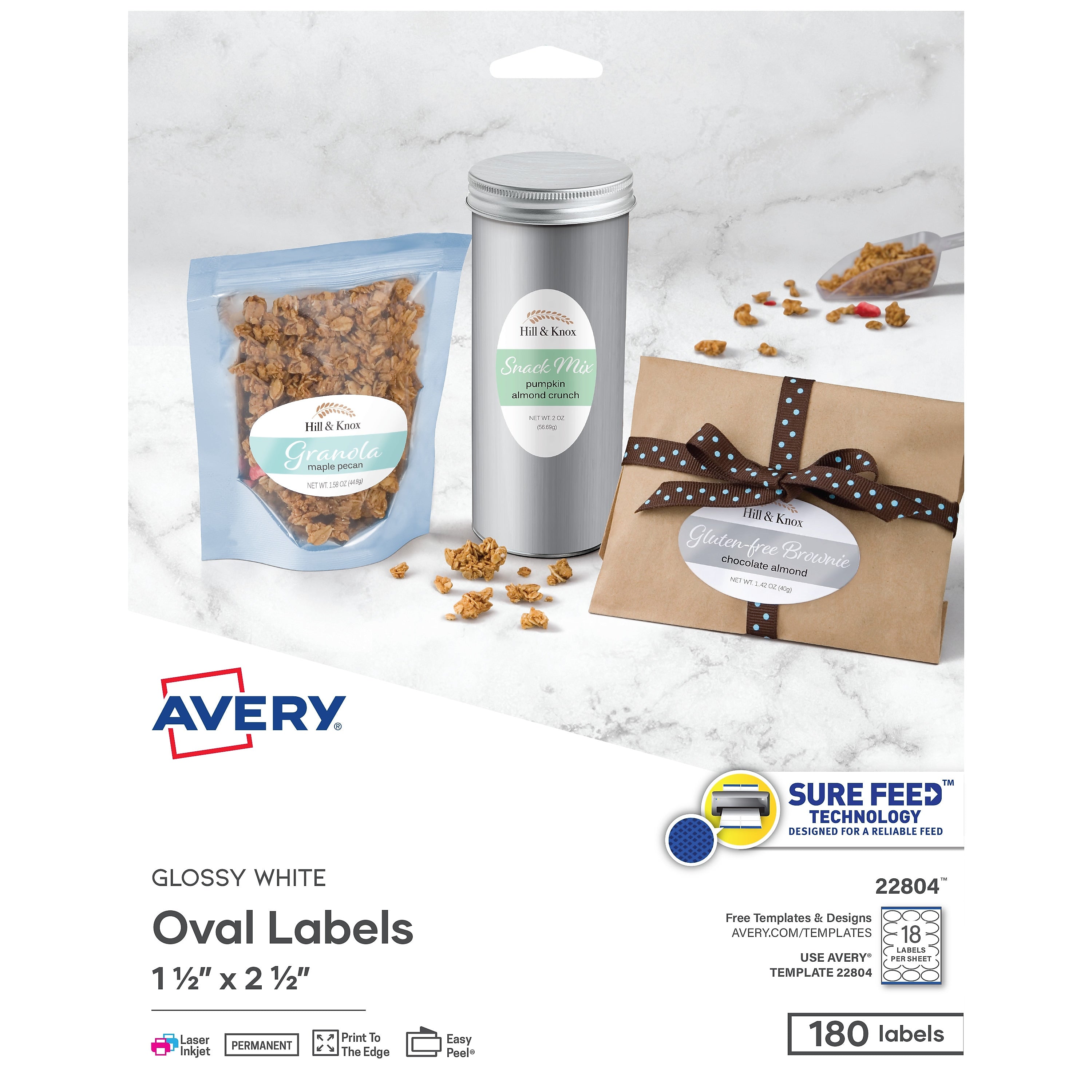 Avery Easy Peel Laser/Inkjet Oval Labels, 1 1/2" x 2 1/2", Glossy White, 180 Labels/Pack (22804)