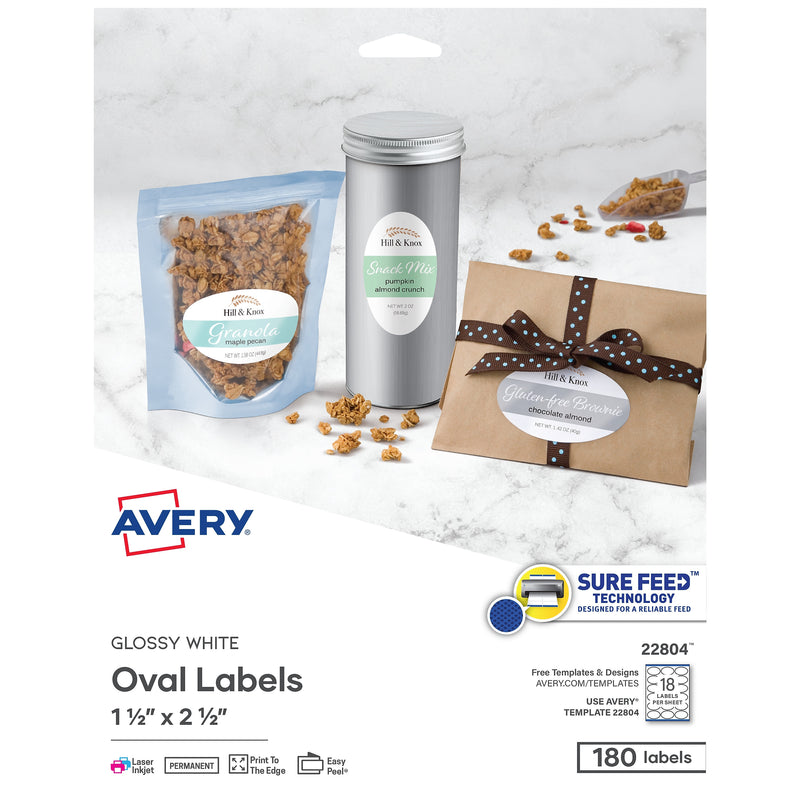 Avery Easy Peel Laser/Inkjet Oval Labels, 1 1/2" x 2 1/2", Glossy White, 180 Labels/Pack (22804)