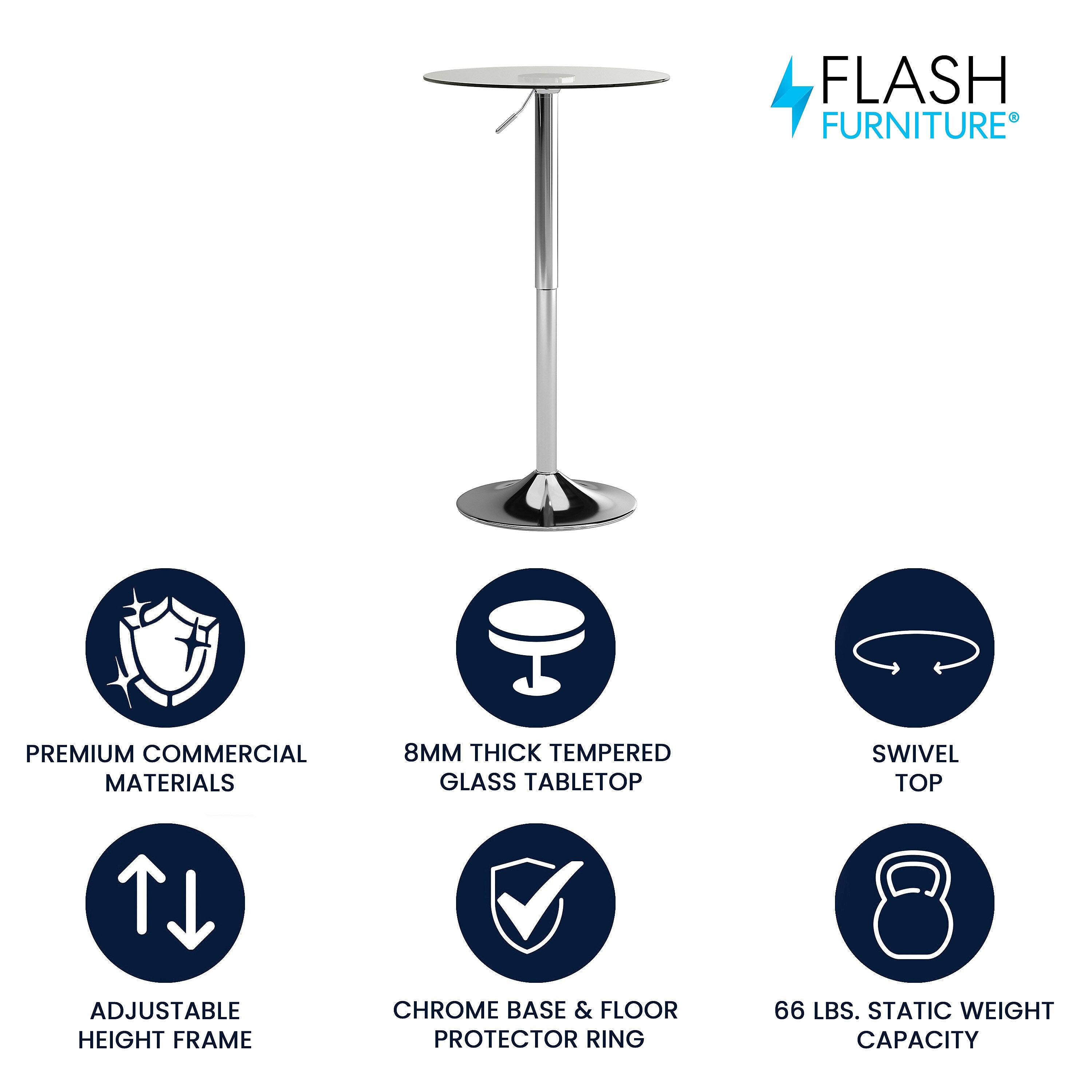 Flash Furniture 23.5'' Round Adjustable-Height Glass Table (Adjustable Range 33.5'' to 41'') (CH5)