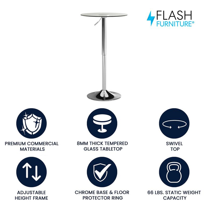 Flash Furniture 23.5'' Round Adjustable-Height Glass Table (Adjustable Range 33.5'' to 41'') (CH5)