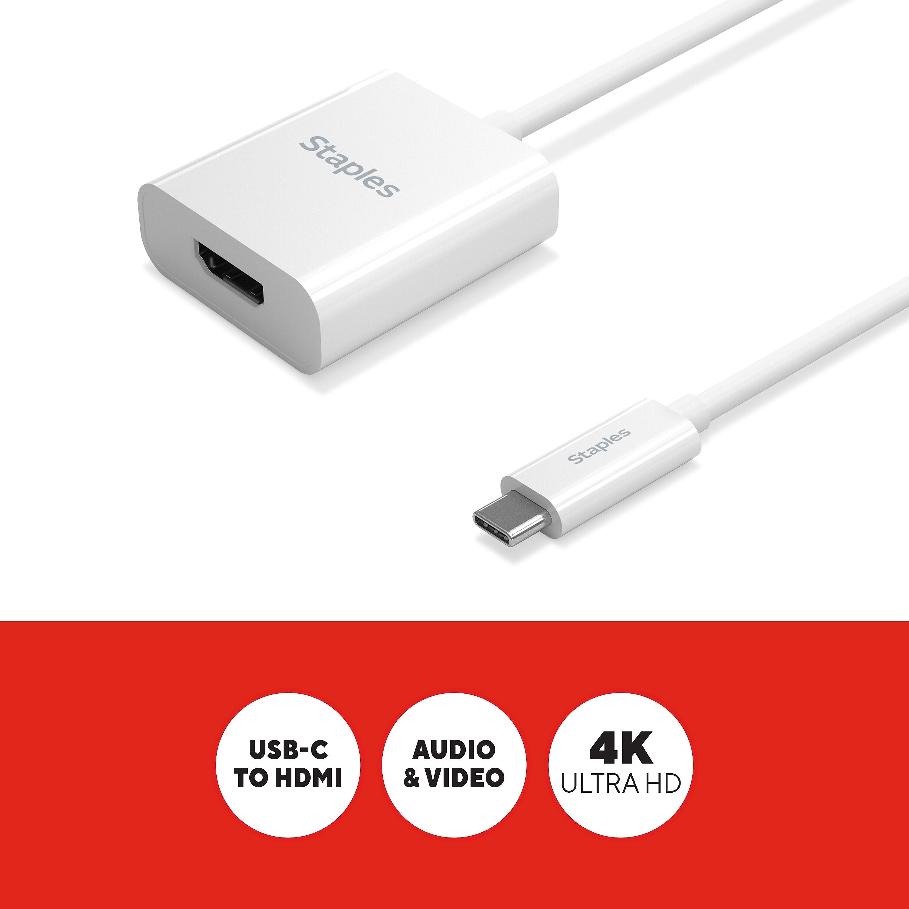 Staples TECH USB-C to HDMI Audio/Video Adapter, Male to Female, White (ST62365)