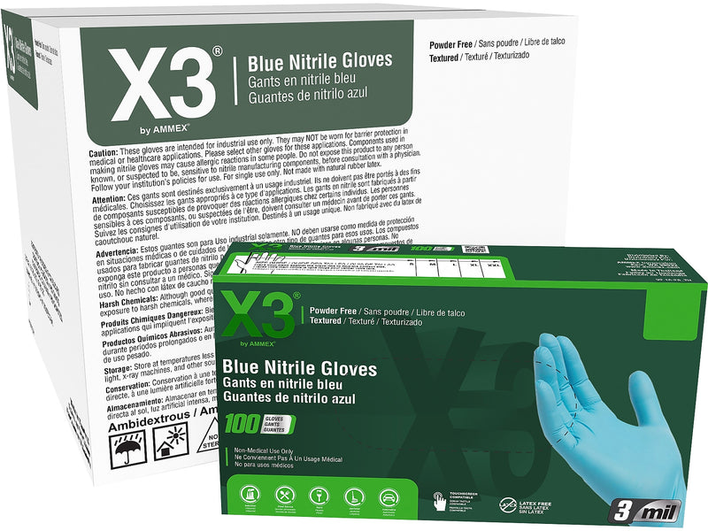 Ammex X3 Nitrile Gloves, Large, Blue, 100/Box, 10 Boxes/Carton (X346100XX)