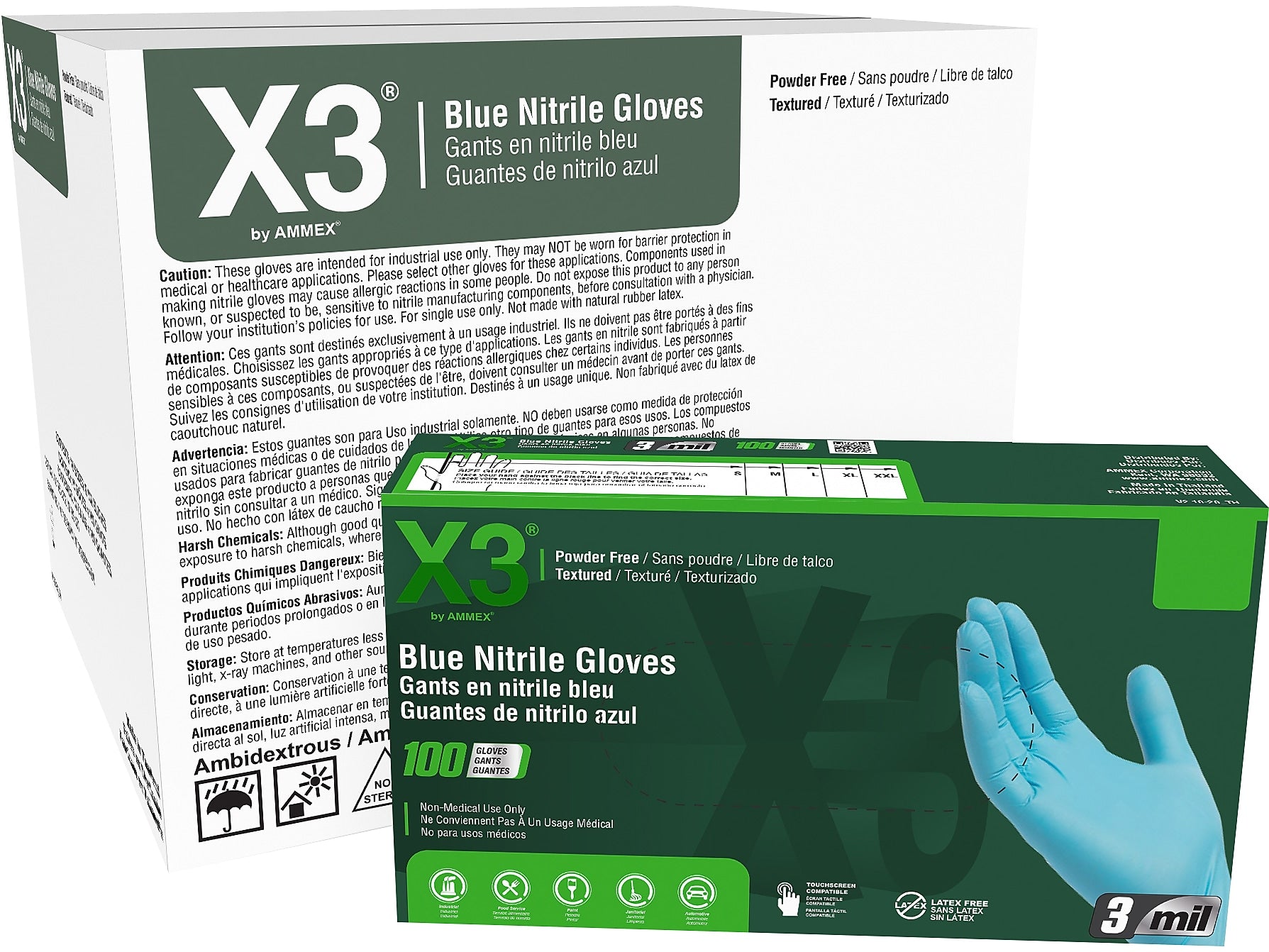 Ammex X3 Nitrile Gloves, Small, Blue, 100/Box, 10 Boxes/Carton (X342100XX)