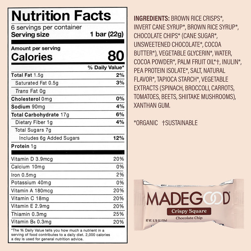 Madegood Gluten Free Chocolate Chip Crispy Squares, 0.78 oz., 6/Box, 6 Boxes/Pack (307-00429)