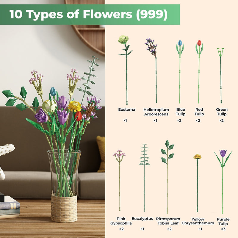 Contixo BK05 Tulip Bouquet Floral Collection Building Block Set, 999 Pieces (CNXBK05)