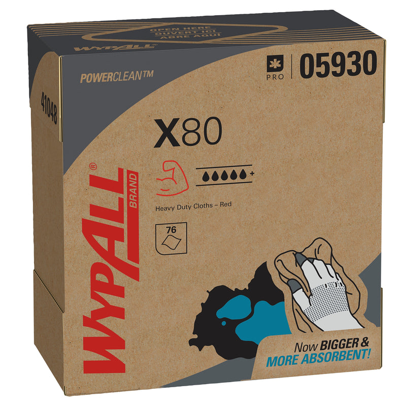 WypAll PowerClean X80 Cloths, 8.34" x 16.8", Red, 76 Sheets/Box, 5 Boxes/Carton (05930)