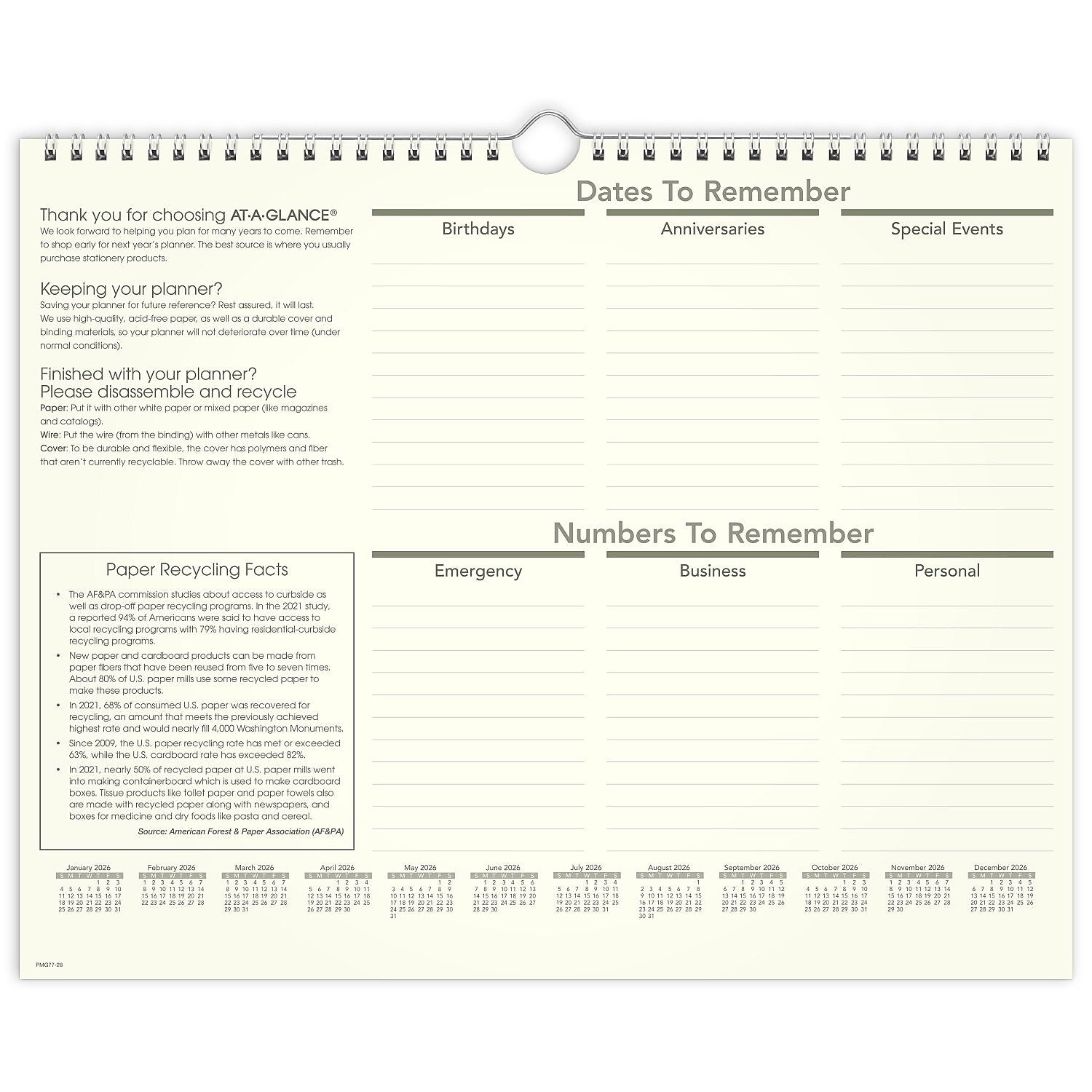 2026 AT-A-GLANCE Recycled 15" x 12" Monthly Wall Calendar, Green/Black (PMG77-28-26)