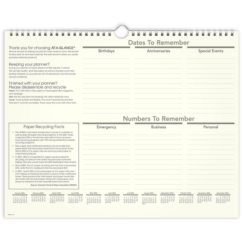 2026 AT-A-GLANCE Recycled 15" x 12" Monthly Wall Calendar, Green/Black (PMG77-28-26)