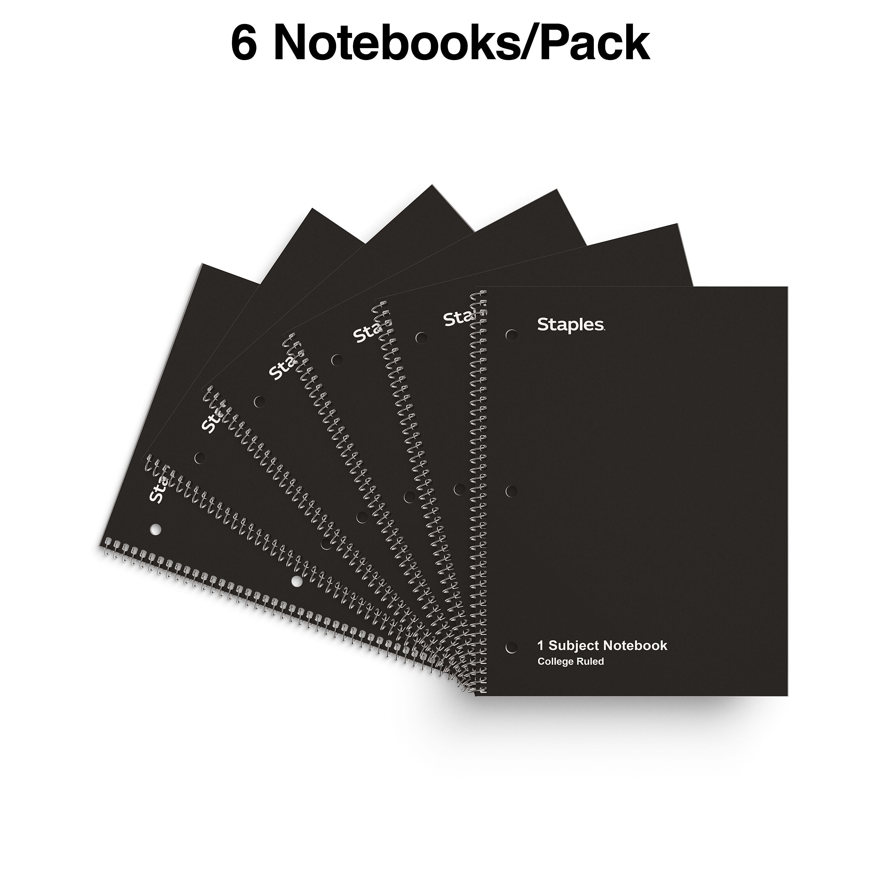 Staples 1-Subject Notebook, 8" x 10.5", College Ruled, 70 Sheets, Black, 6/Pack (ST58374C)