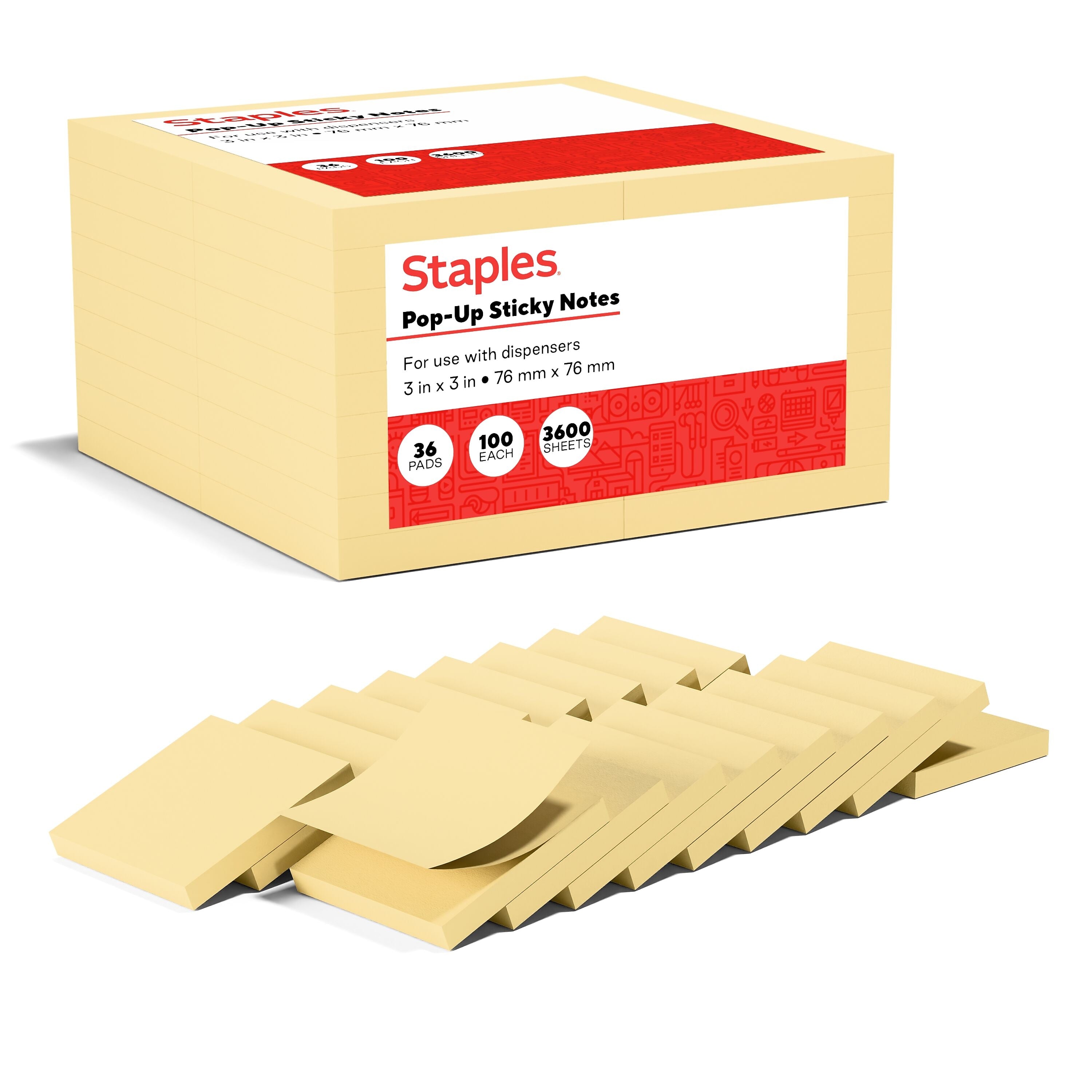 Staples Recycled Pop-up Sticky Notes, 3" x 3", Sunshine Collection, 100 Sheets/Pad, 36 Pads/Pack (S-33YRP36)