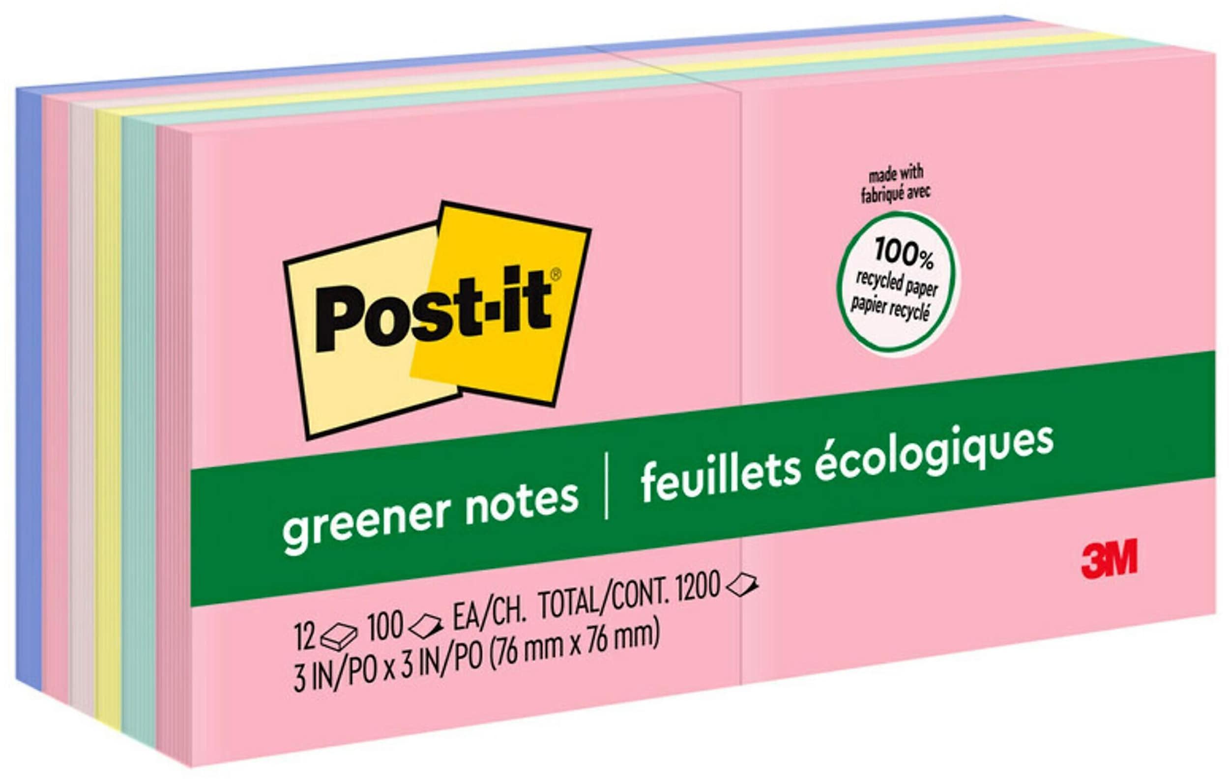 Post-it Recycled Notes, 3" x 3", Sweet Sprinkles Collection, 100 Sheet/Pad, 12 Pads/Pack (654-RP-A/654-A)