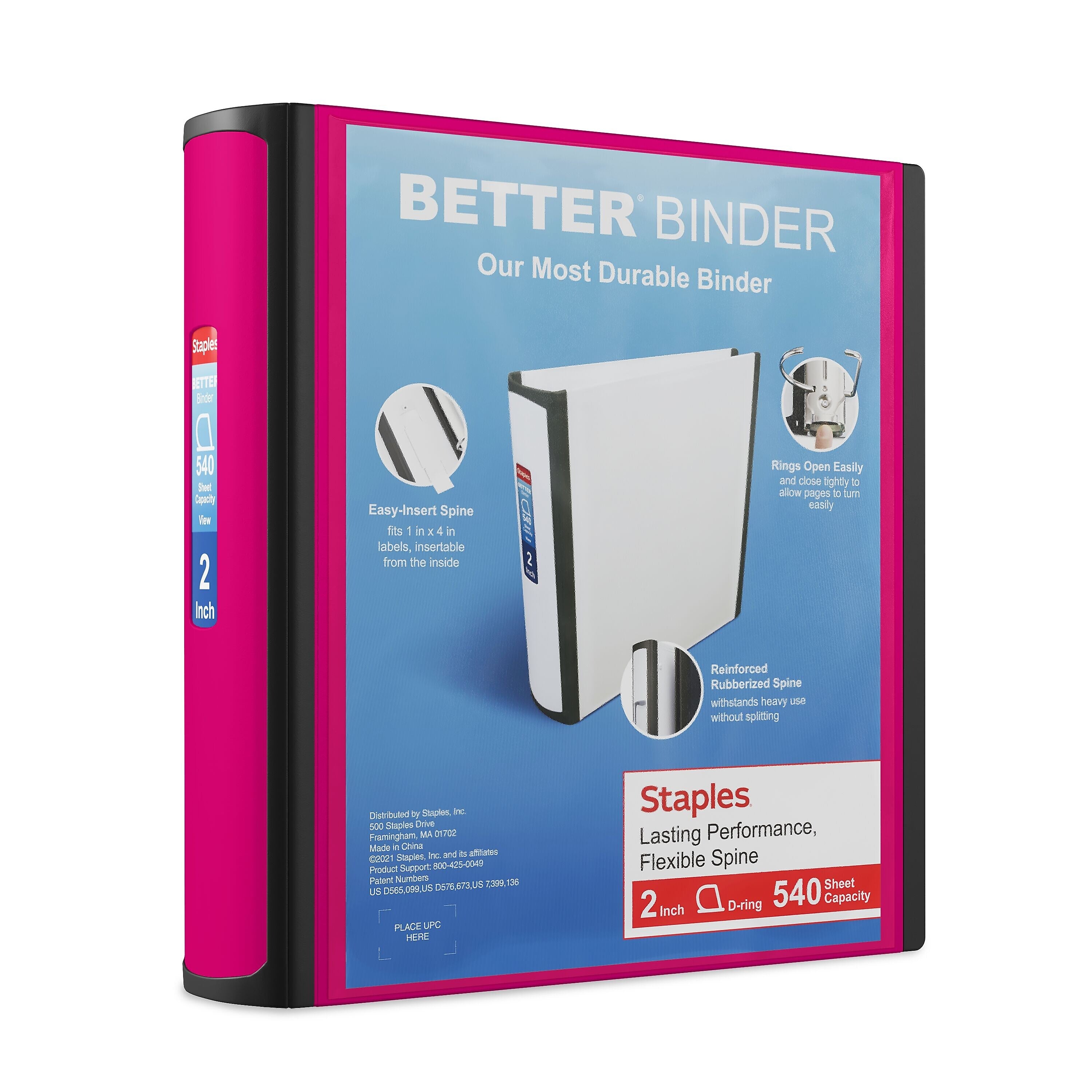 Staples 2" 3-Ring Better Binder, D-Ring, Pink (ST55876-CC)