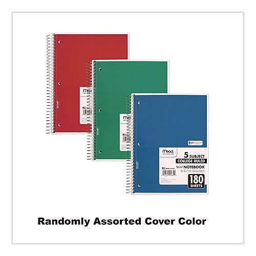 Mead 5-Subject Notebooks, 8" x 10.5", College Ruled, 180 Sheets, Assorted Colors (MEA05682)